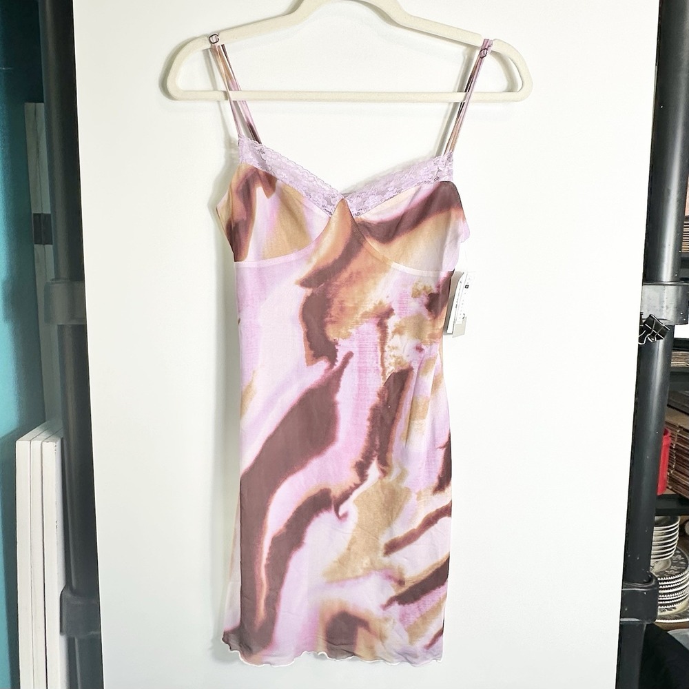 BP Nordstrom Womens XS Purple Abstract Slip Dress Lace Trim Adjustable Strap NEW